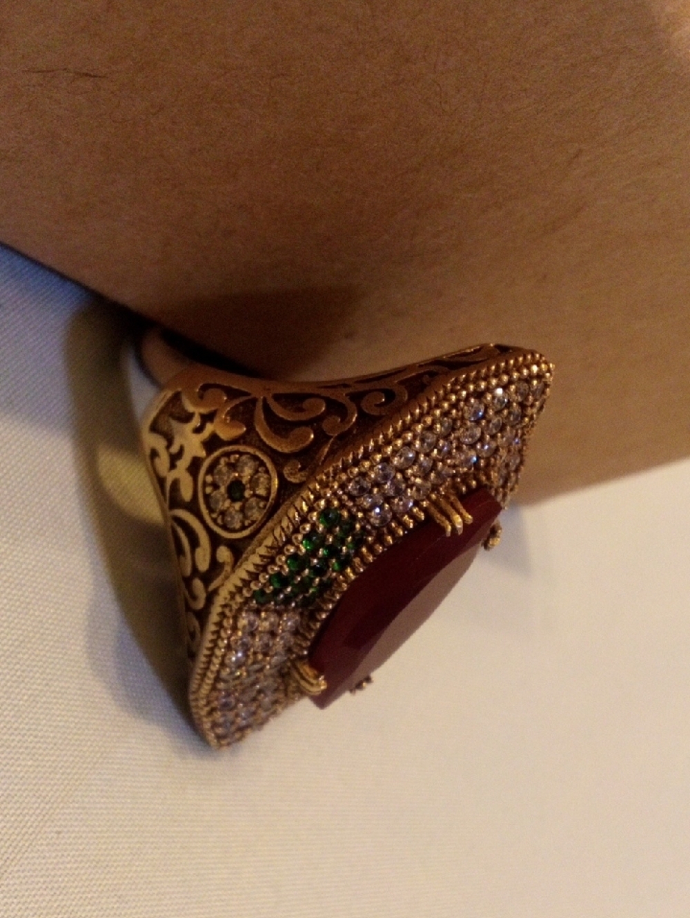 Gold-Tone Red Marquise Statement Ring with Green and Clear Accent Stones - Picture 2 of 6